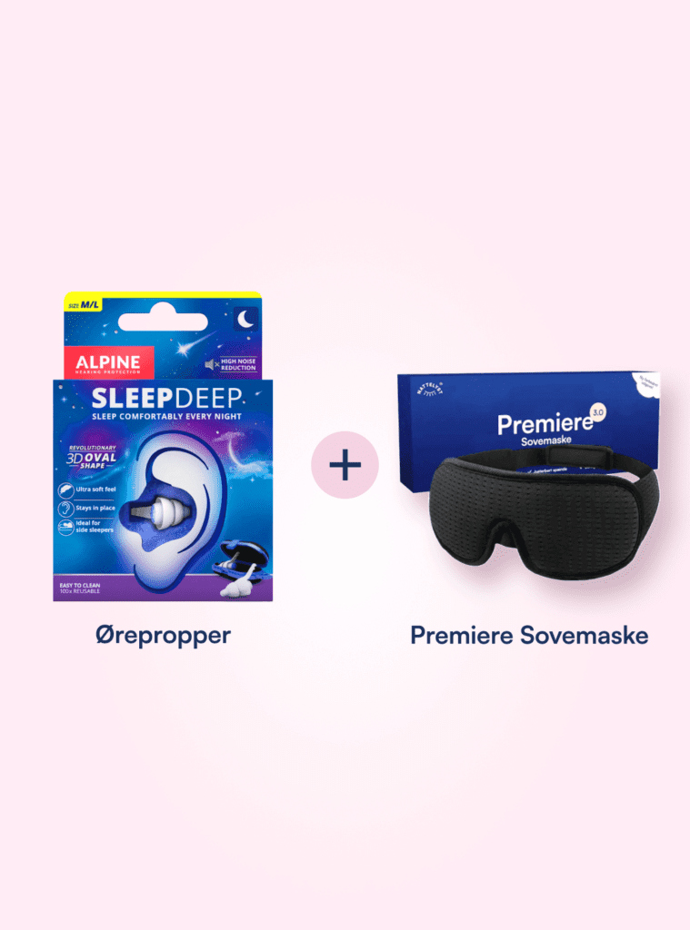 Pakke med Alpine SleepDeep &oslash;repropper og sort Premiere sovemaske p&aring; lyser&oslash;d baggrund