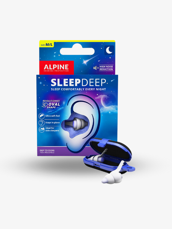 Alpine SleepDeep støjreducerende hørepropper i blå emballage med åbent etui og hvide/blå propper