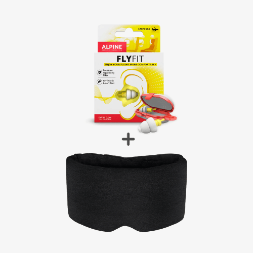 Alpine FlyFit ørepropper med rødt etui og sort sovemaske til rejse og søvn