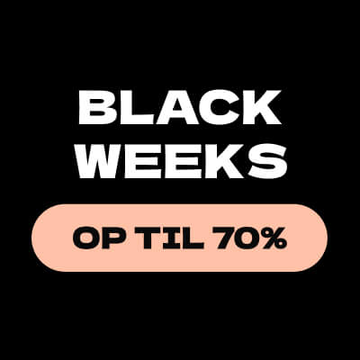 Black Weeks kampagnebanner med rund badge og teksten op til 70% rabat