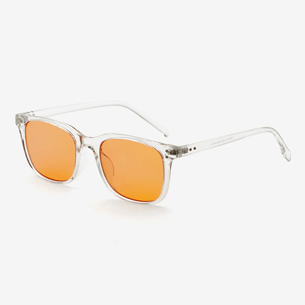 Blålysbriller med klart transparent stel og orange anti-blålys linser, moderne unisex wayfarer-stil