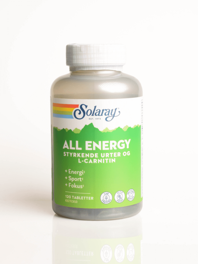 Solaray All Energy kosttilskudflaske med styrkende urter og L-Carnitin, grøn etiket, 120 tabletter