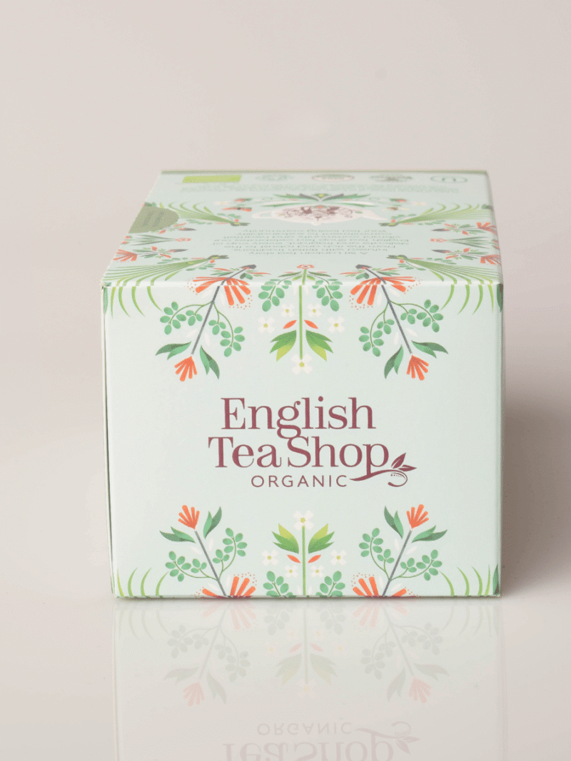English Tea Shop økologisk teæske i mintgrøn med blomsterillustrationer og dekorativ branding