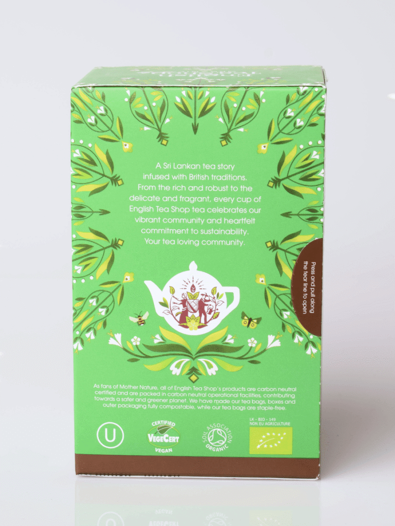 Grøn Sencha teæske med dekorative tebladsmotiver og hvid tekande, English Tea Shop