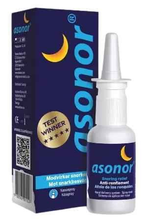 Asonor næsespray til lindring af snorken, hvid flaske med mørkeblå emballage og gul halvmåne