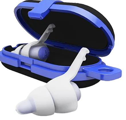 Hvide og blå silikone-ørepropper med ergonomiske flanger i åben blå og sort opbevaringsetui