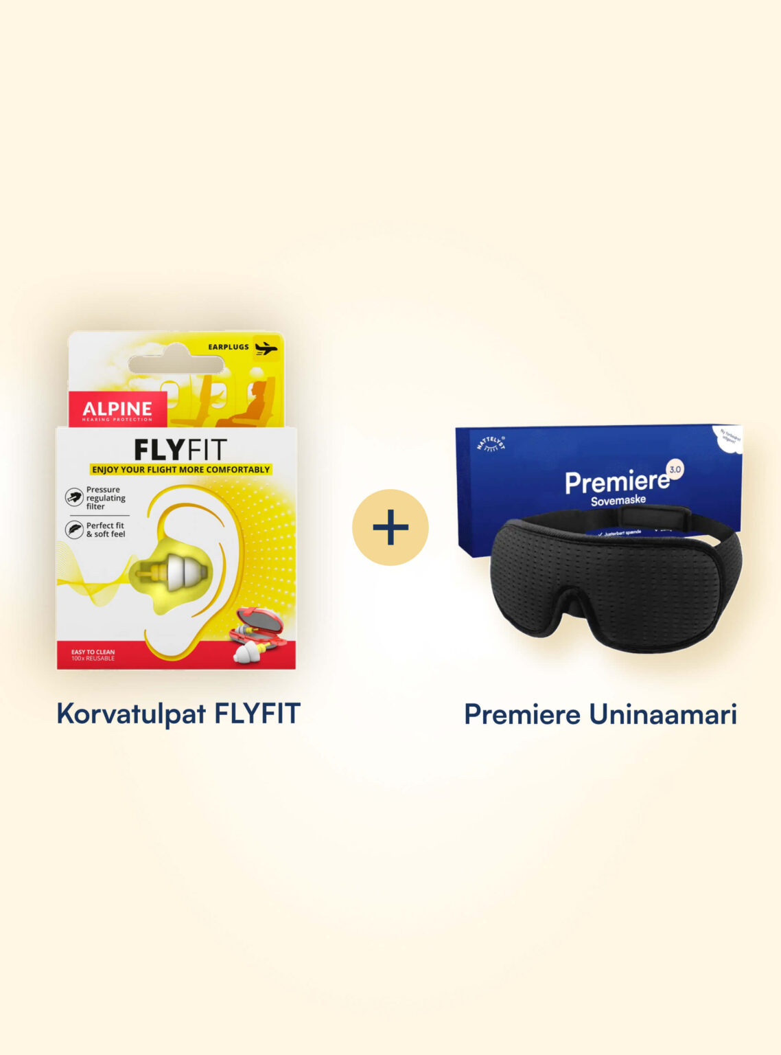 Alpine FlyFit korvatulpat ja musta Premiere-unimaski pakattuina, täydellinen matkustajan rentoutussetti