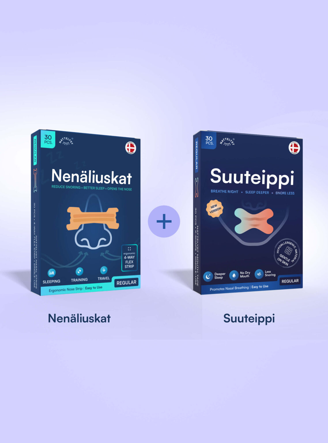 Nenäliuskat ja suuteippi sinisissä pakkauksissa vierekkäin, 30 kpl