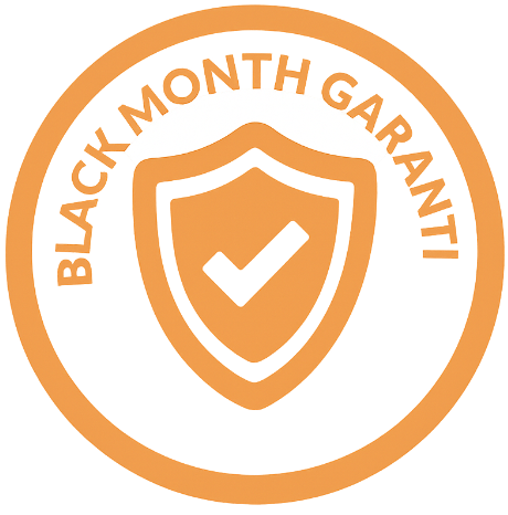 Orange garantistemplet med skjold og flueben og teksten Black Month Garanti