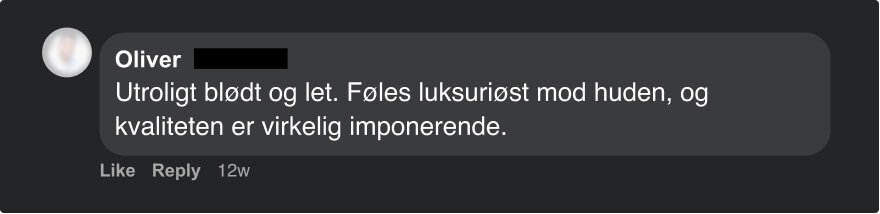 Brugerkommentar på dansk: Produkt beskrives som utroligt blødt og let, føles luksuriøst mod huden og af høj kvalitet.
