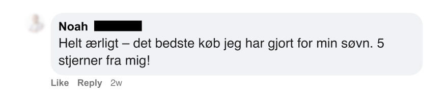 Positiv anmeldelse på dansk: Helt ærligt – det bedste køb jeg har gjort for min søvn. 5 stjerner