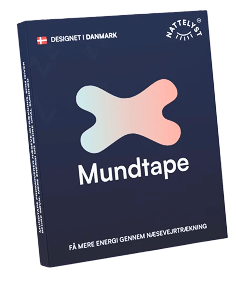Mundtape æske i mørkeblå med gradient X-logo, Designet i Danmark-flag og teksten om næsetræning