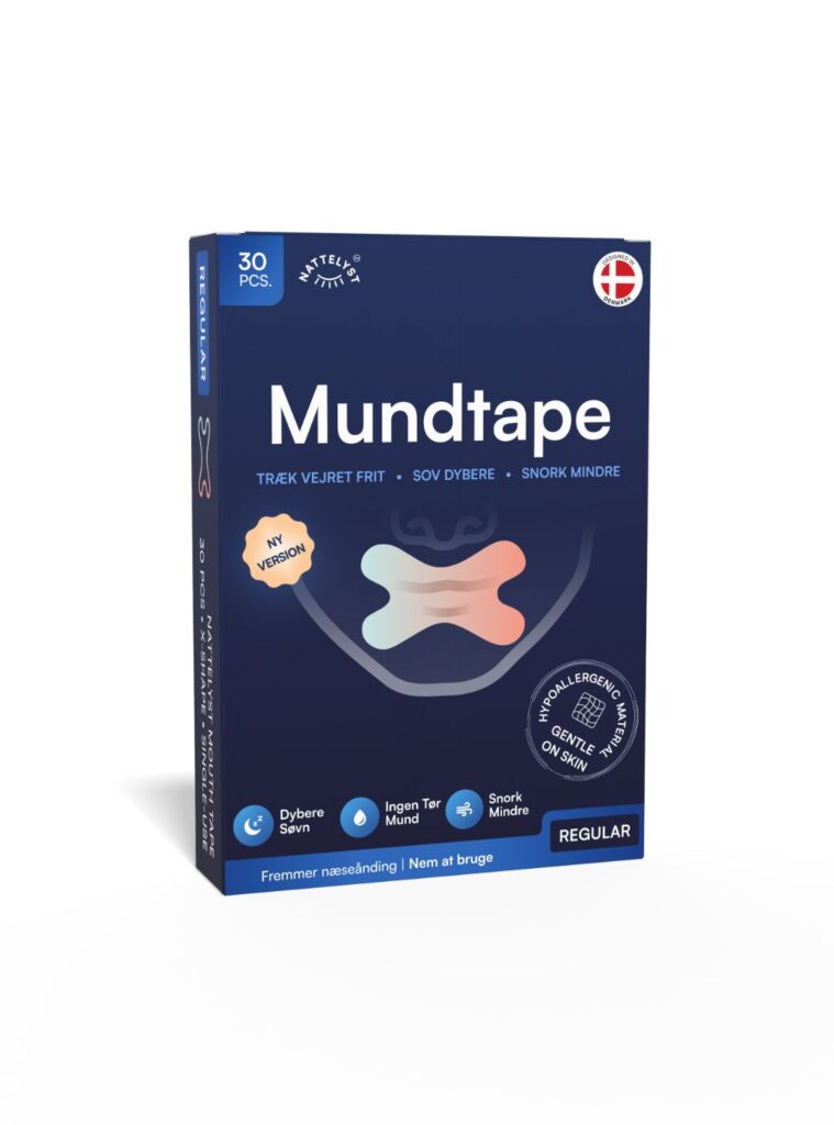 Bl&aring; boks med Mundtape til s&oslash;vn, 30 stk regular, illustration af tape og tekst om dybere s&oslash;vn og mindre snorken