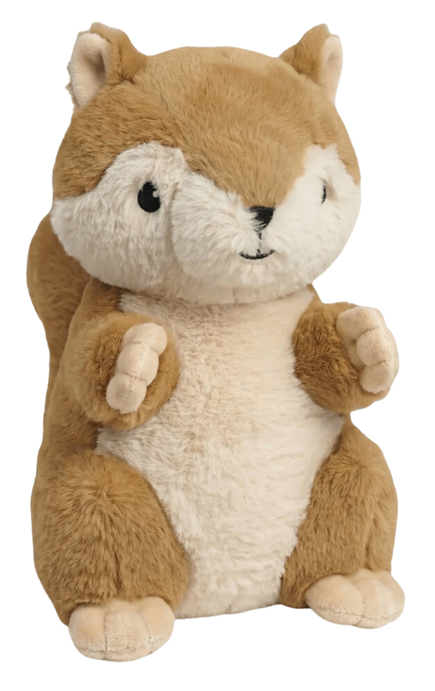 Vægtet plysdyr egern i brun og creme, blød pels, siddende krammebamse.