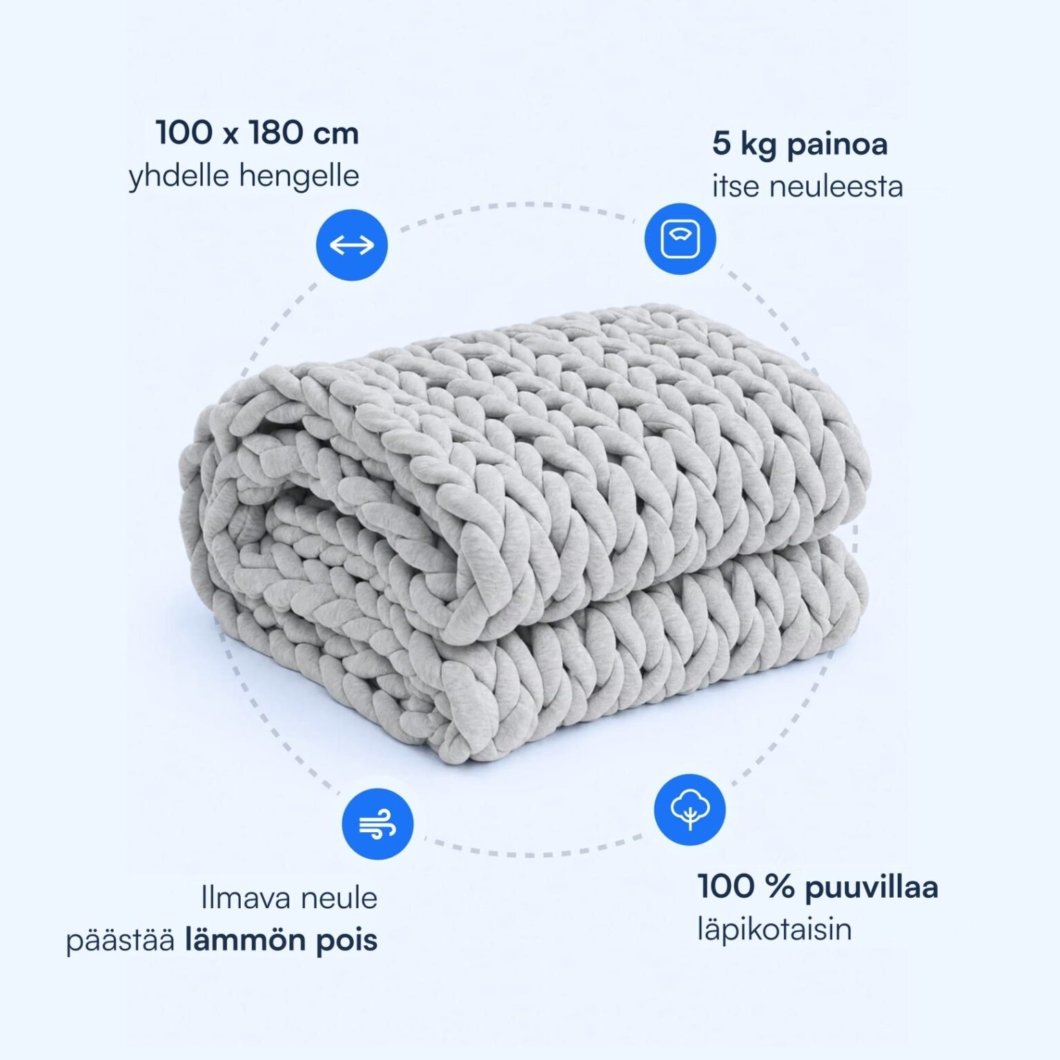 Nattelyst Neulottu Painopeitto: 100 x 180 cm, 5 kg painoa, 100 % puuvillaa