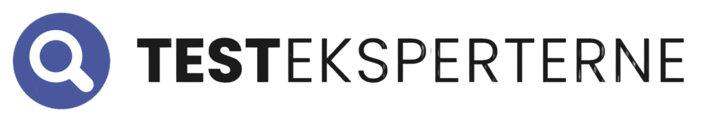 Testeksperterne-logo, valkoinen suurennuslasi violetilla ympyrällä ja musta teksti TESTEKSPERTERNE